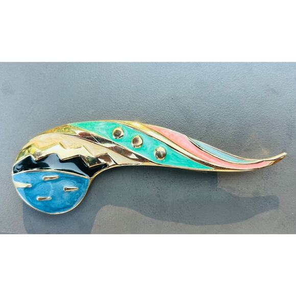 Vtg Fernando Originals Brooch Large Abstract 80s Gold Tone Blue Green Enamel Pin - Picture 3 of 8